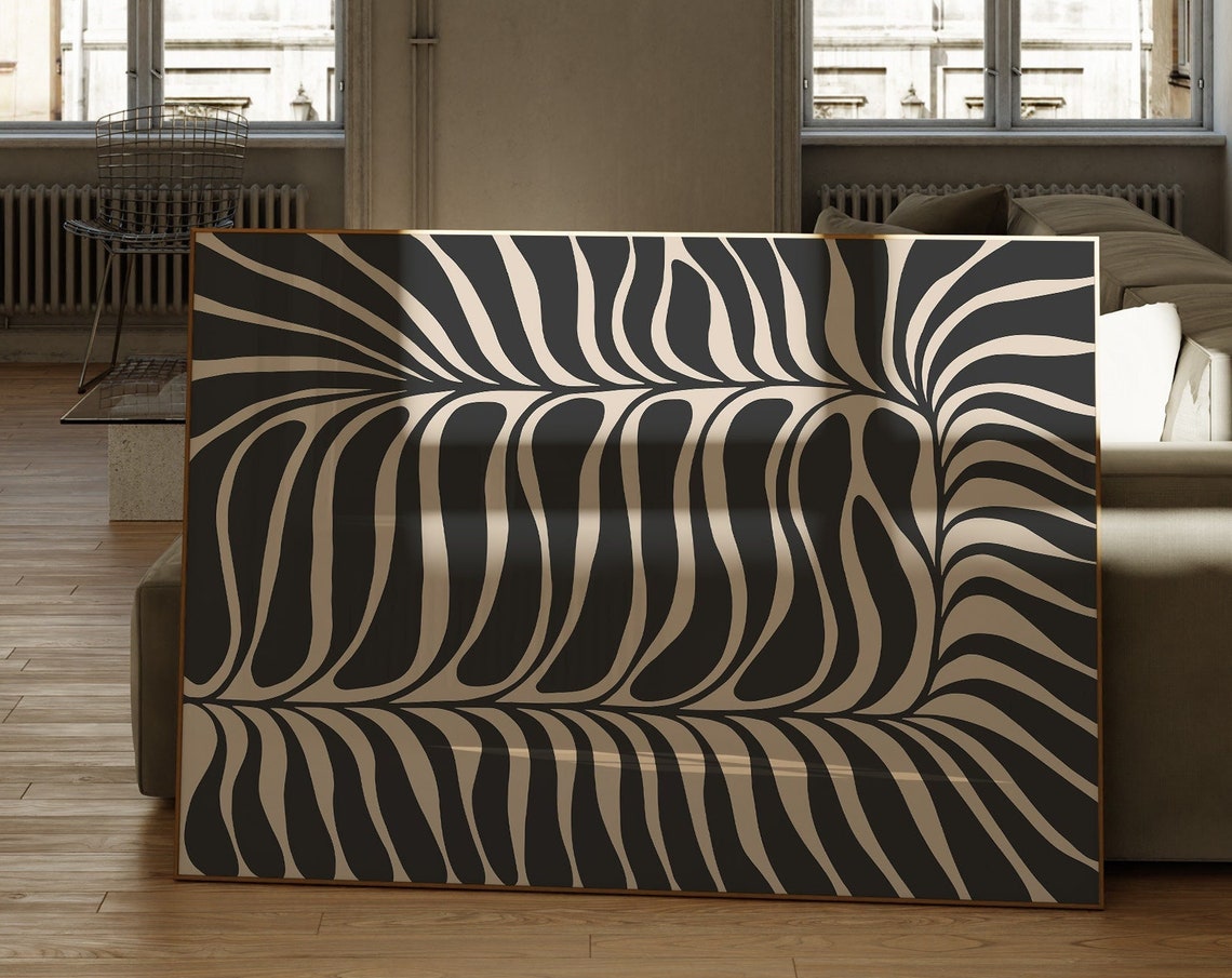 Black and Cream Large Flowing Leaf Stripe Abstract Botanical Poster