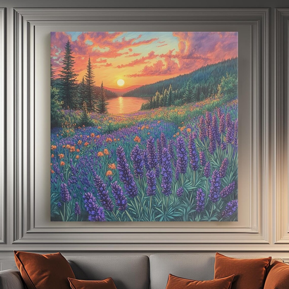 Lavender Lupine Field Sunset Mountain Lake Floral Landscape Poster