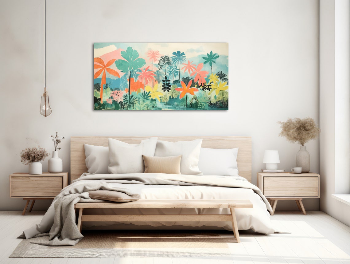 Tropical Landscape Painting Abstract Botanical Wall Art Boho Style Gicle Print Or Framed Print Teal Orange Palm Forrest - Image 2