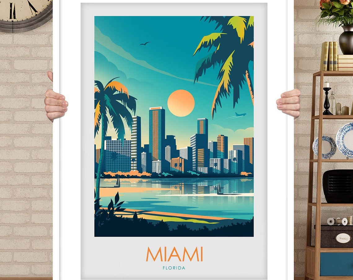 Miami Florida Skyline Palms Bay Sunset Vintage Travel Poster - Image 3
