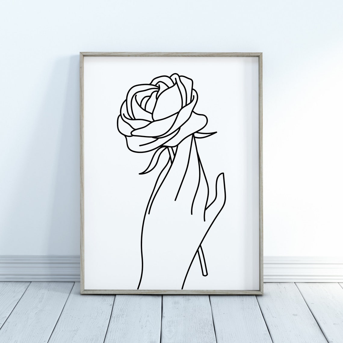 Line Art Rose Poster Single Stem Rose Held In A Hand Drawing