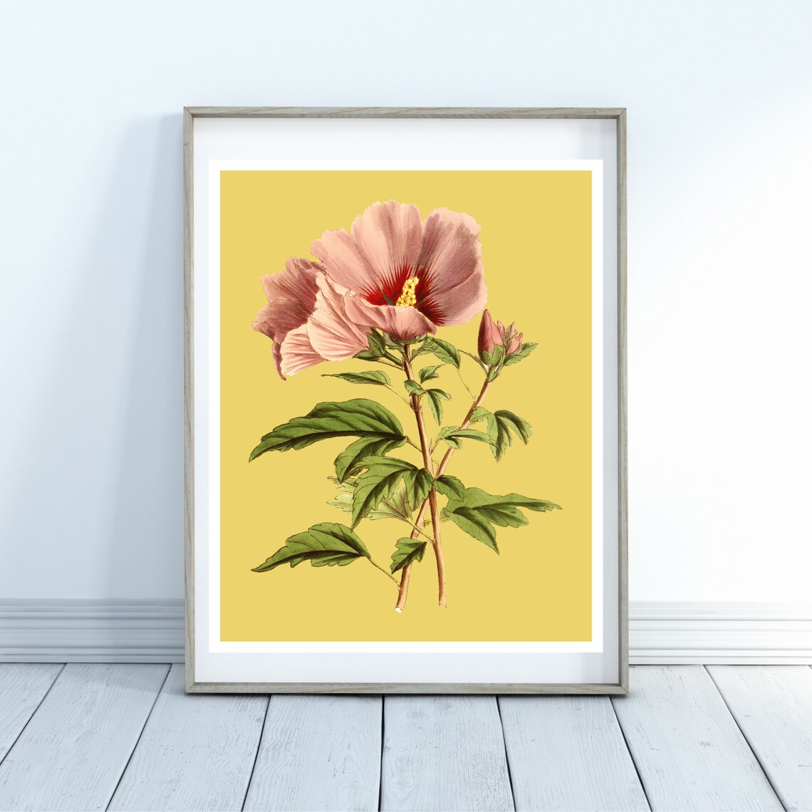 Vintage Hibiscus Flower Poster Botanical Art On Mustard Yellow
