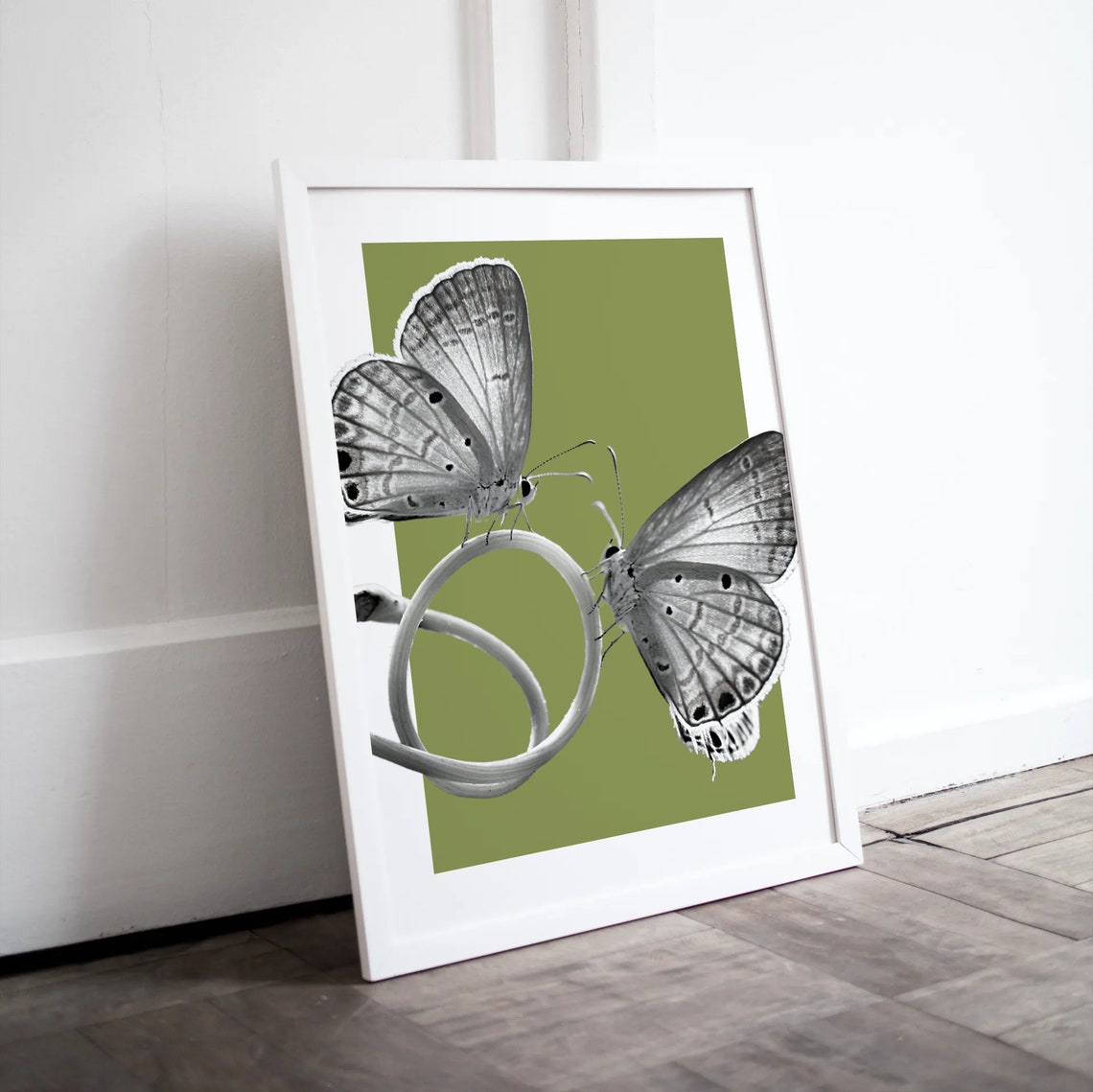 Two Butterflies Olive Green Botanical Black and White Art Poster - Image 4