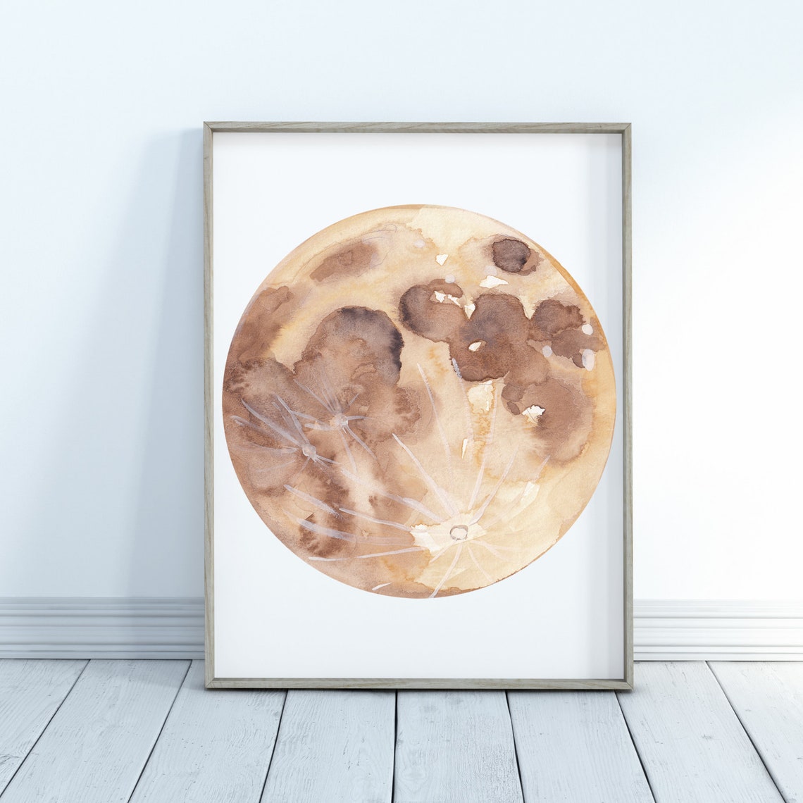 Watercolor Full Moon Poster Earthy Brown Lunar Surface Detail