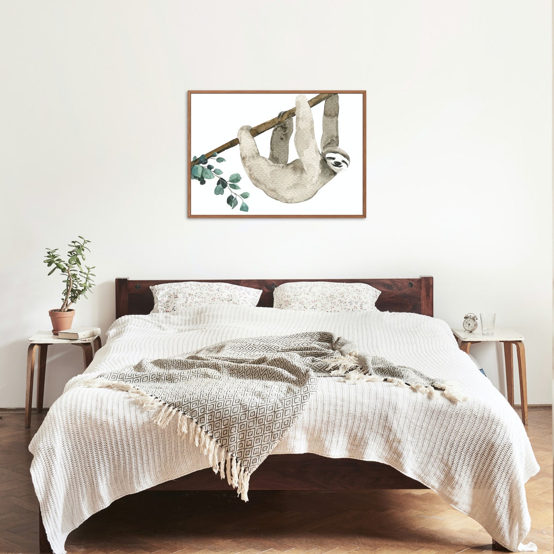 Watercolor Sloth Poster Hanging From Branch With Green Leaves - Image 2