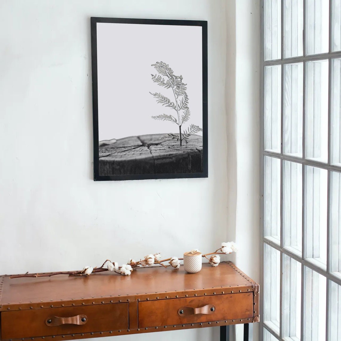 Fern Sprouting from Tree Stump Black and White Nature Poster - Image 2