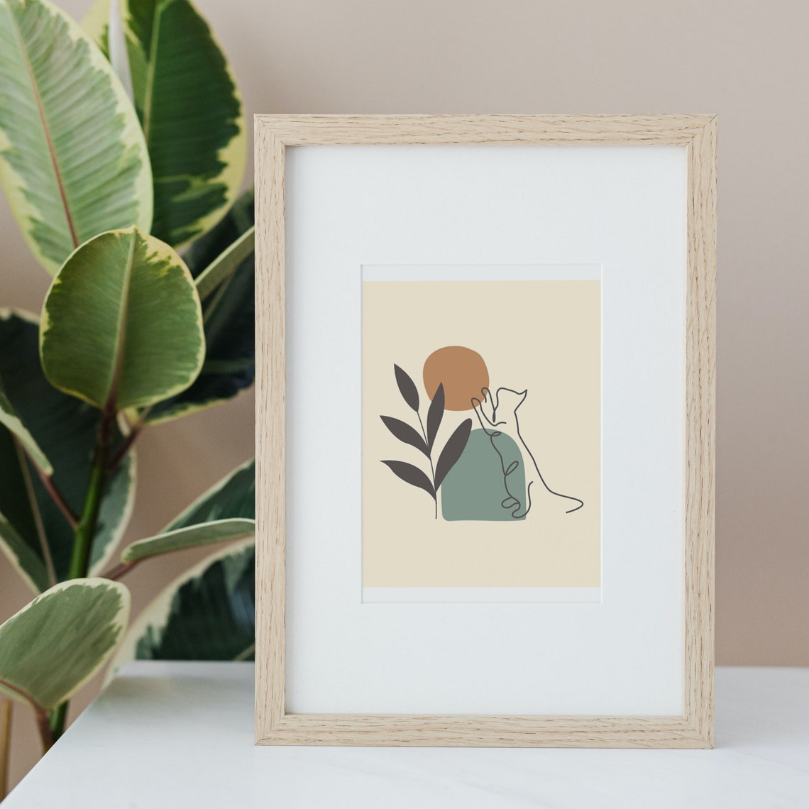 Boho Line Art Cat Under Terracotta Sun with Leaves Beige Poster - Image 4