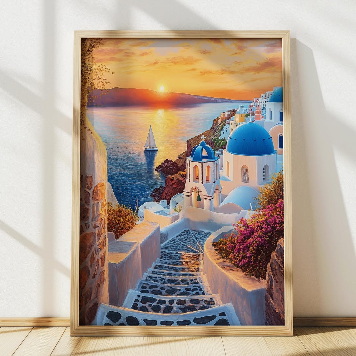 Santorini Blue Domed Churches Sunset Sailboat Caldera Travel Poster