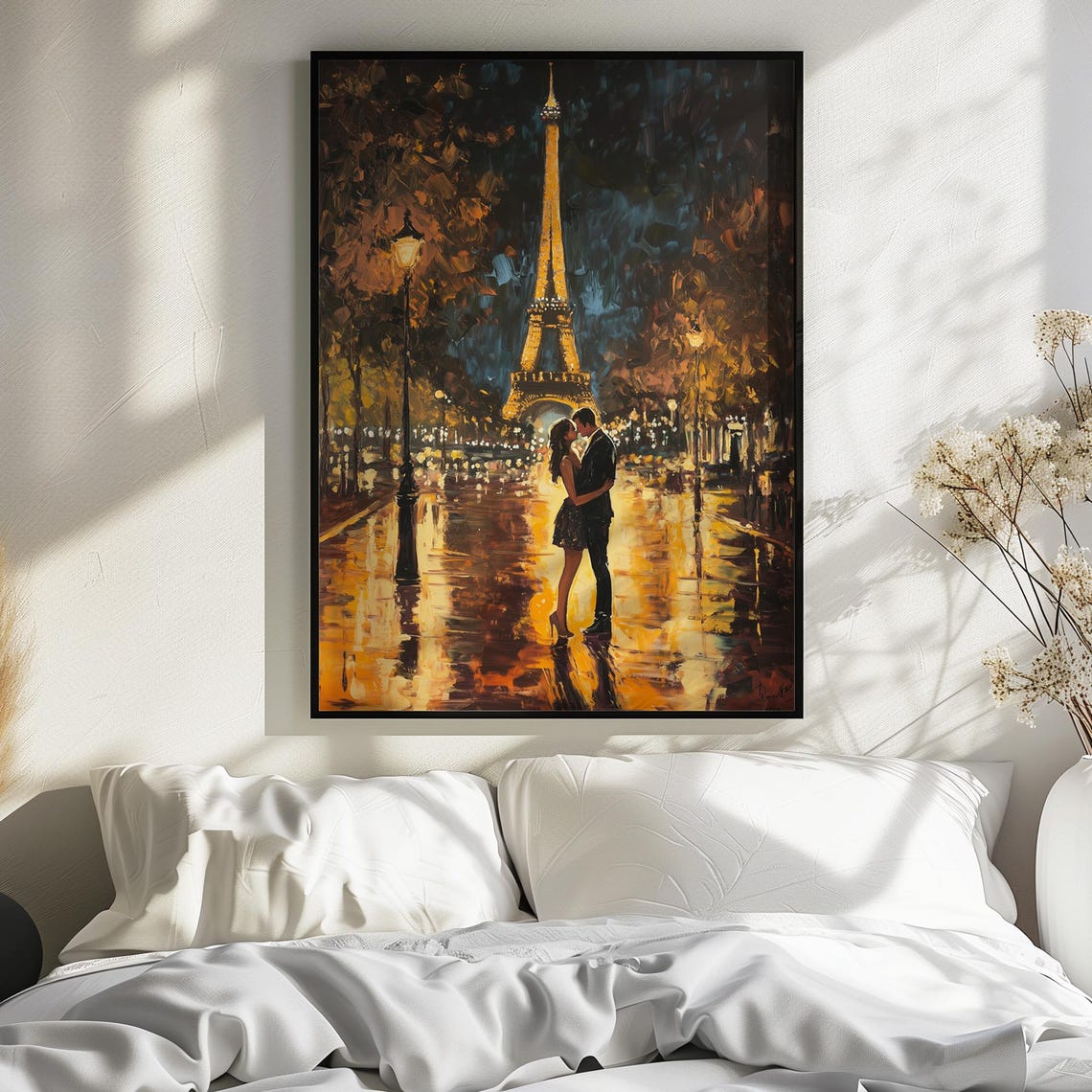 Paris Couple Embracing Under Eiffel Tower Night Travel Poster - Image 3