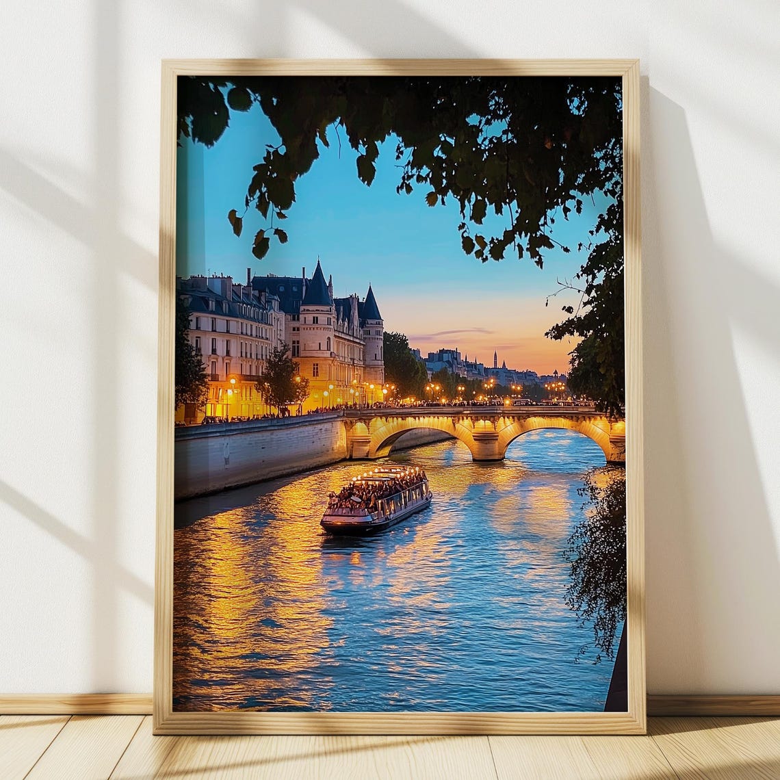 Seine River Dusk Boat Cruise Lit Bridge Paris Evening Poster