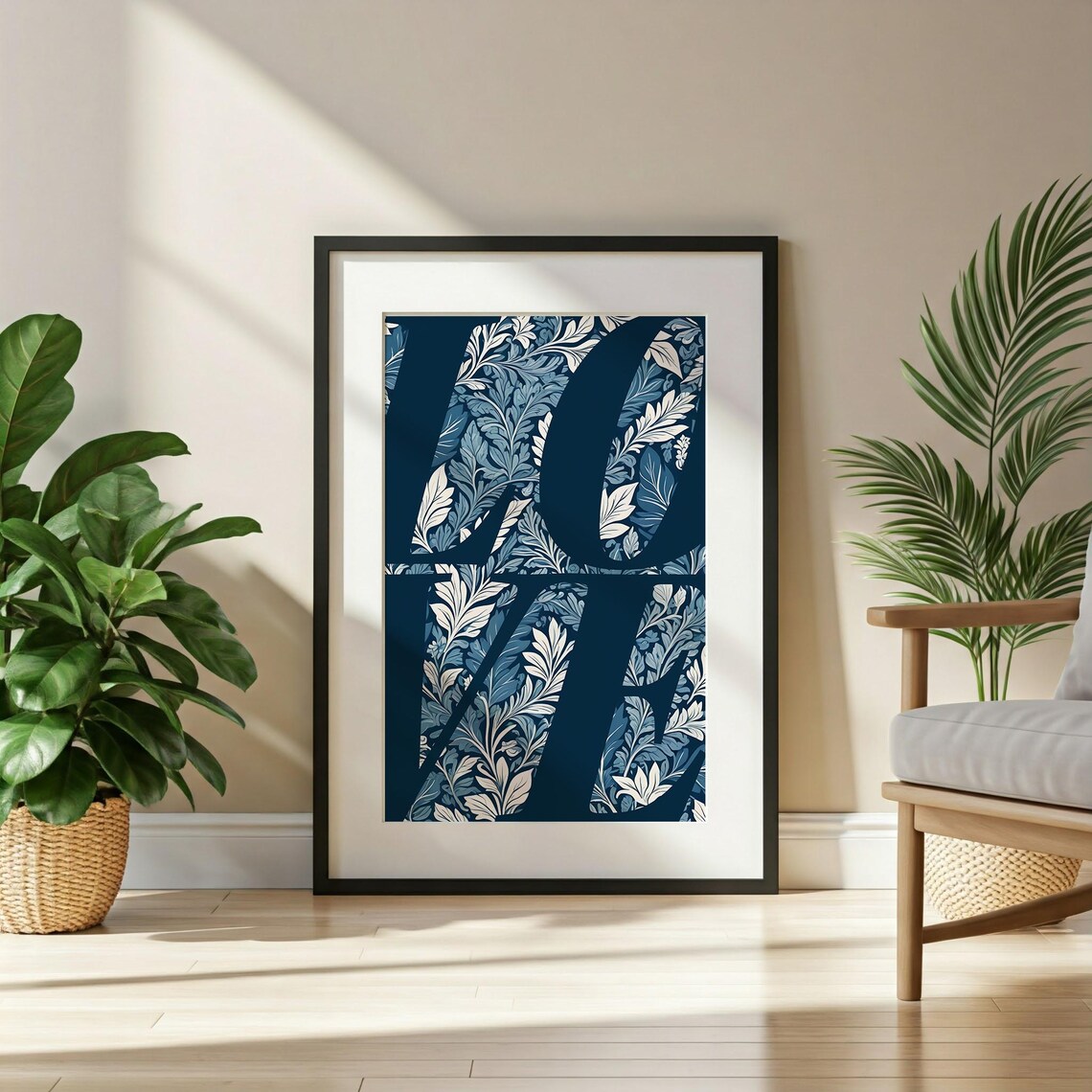 LOVE Typography Navy Blue Art Nouveau Floral Elegance Poster - Image 2