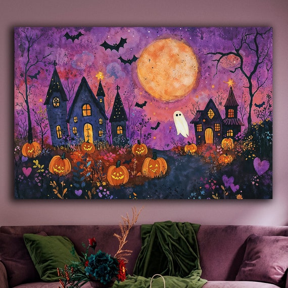 Haunted House With Full Moon Canvas Wall Art Halloween Decor Creepy Purple Landscape Painting Print Jack O Lantern Poster Gift Ready To Hang