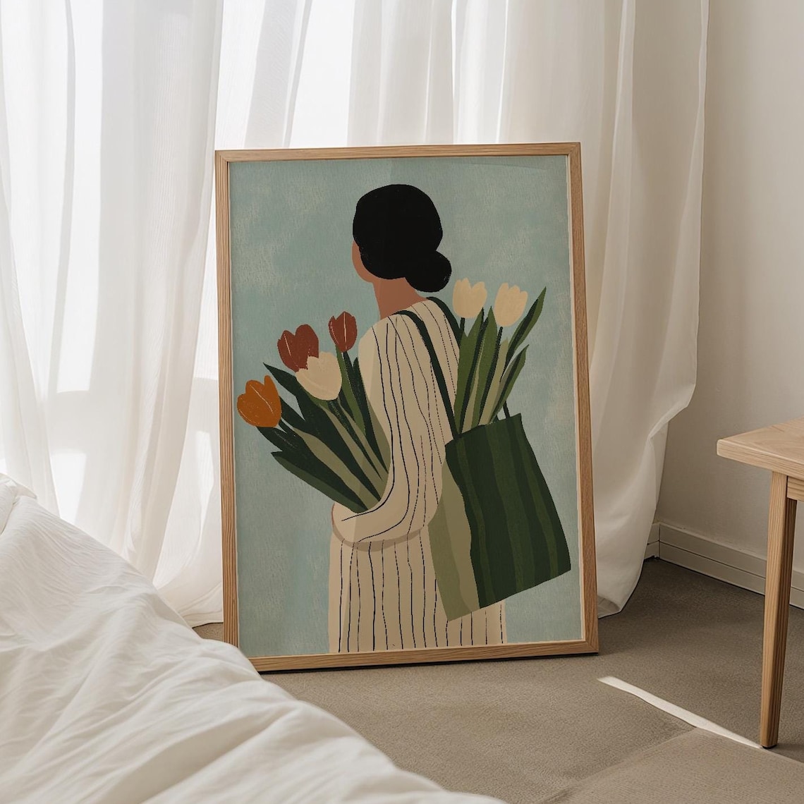 Woman with Tulips and Shopping Bag Minimalist Sage Green Poster