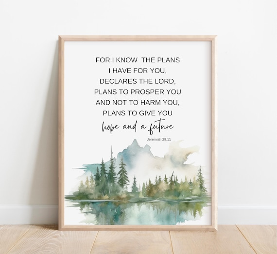 Jeremiah 2911 For I Know The Plans Have You Bible Verse Wall Art Scripture Print Christian Gift Watercolor Mountain Forest Tree