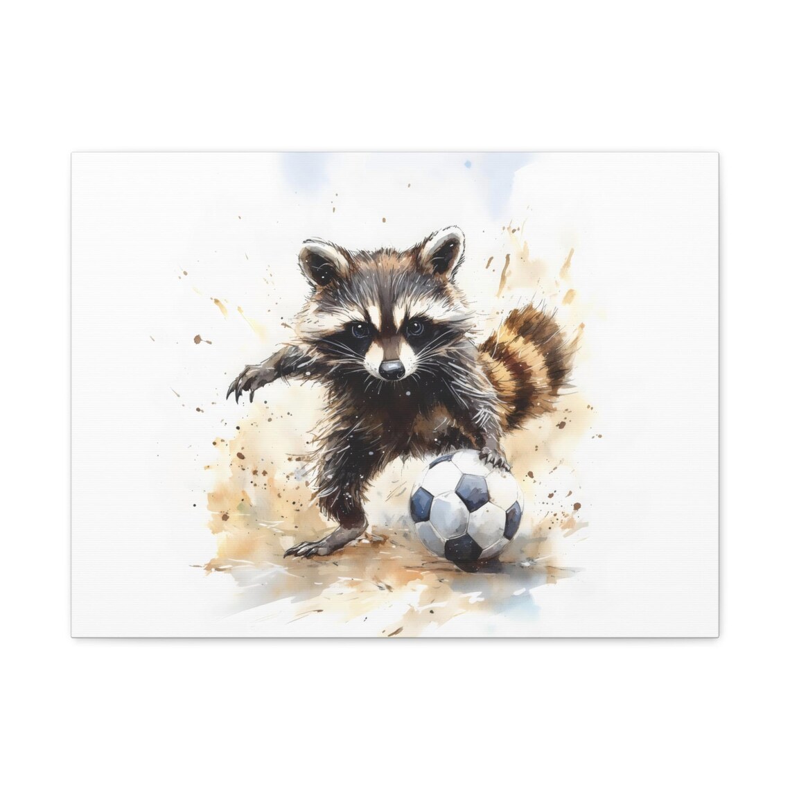 Raccoon Playing Soccer Watercolor Painting Cute Ball Action Sport Poster - Image 3