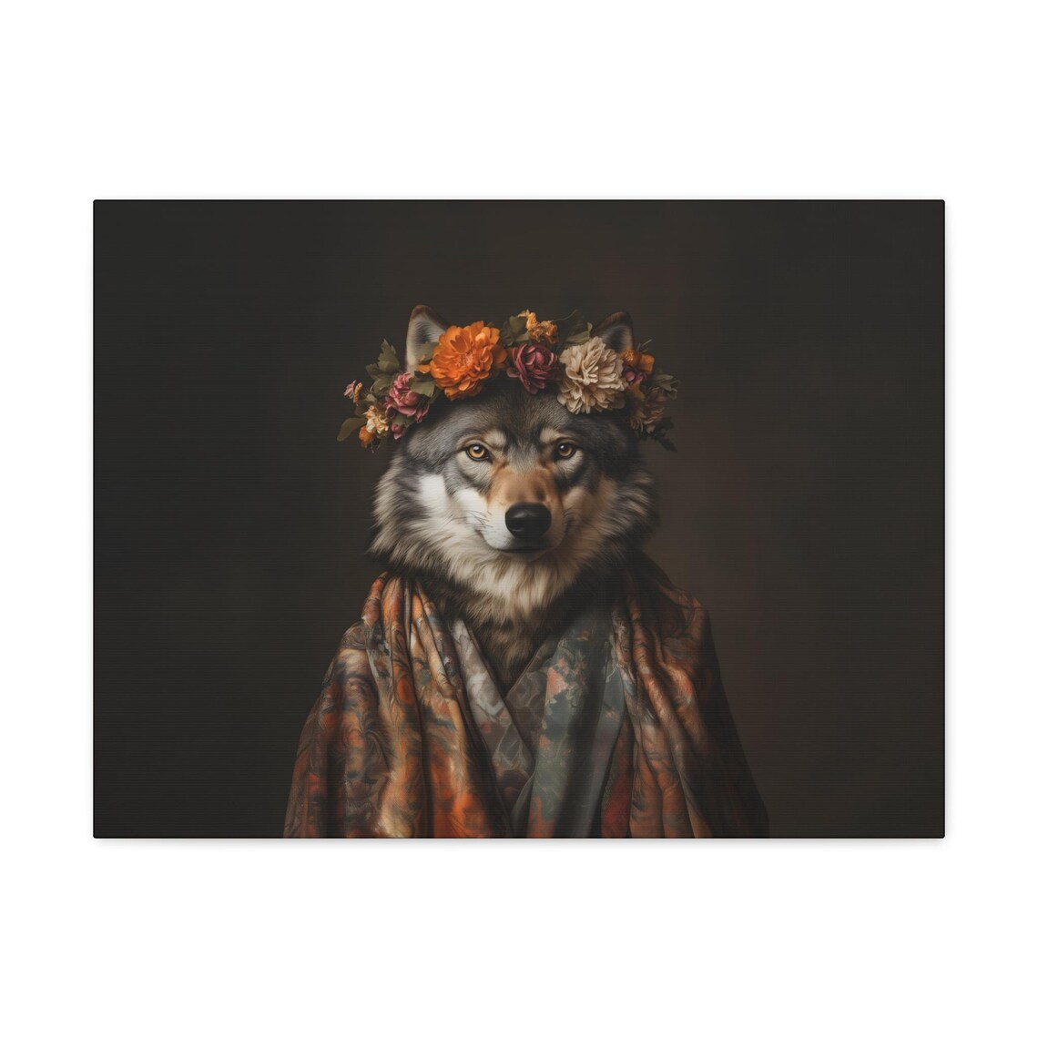 Fashionable Wolf Portrait Wearing Autumn Flower Crown Luxe Animal Art Poster - Image 3