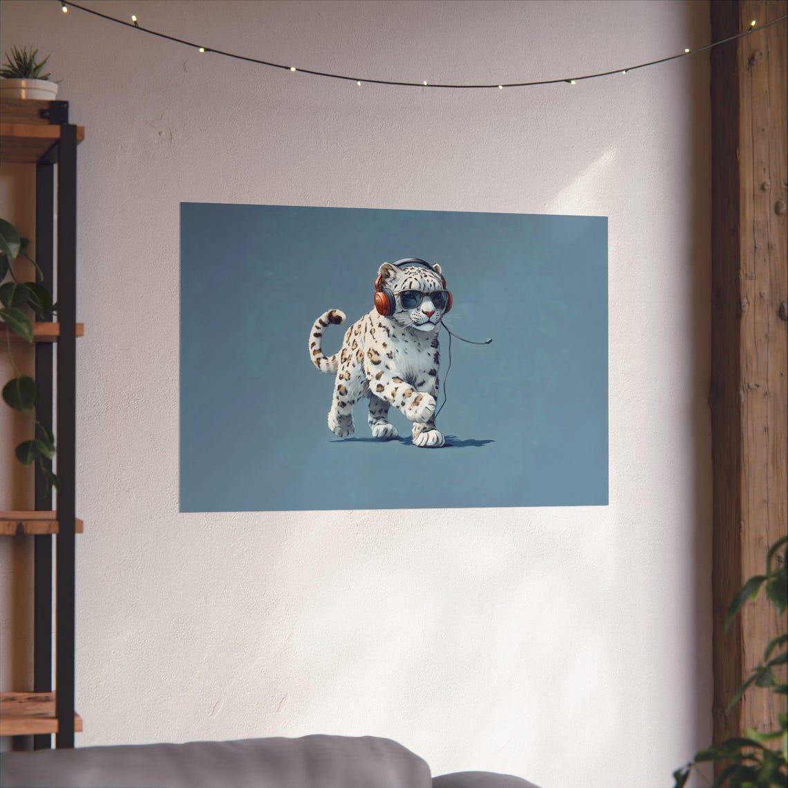 Snow Leopard Cub Sunglasses Headphones Cool Blue Animal Art Poster - Image 2