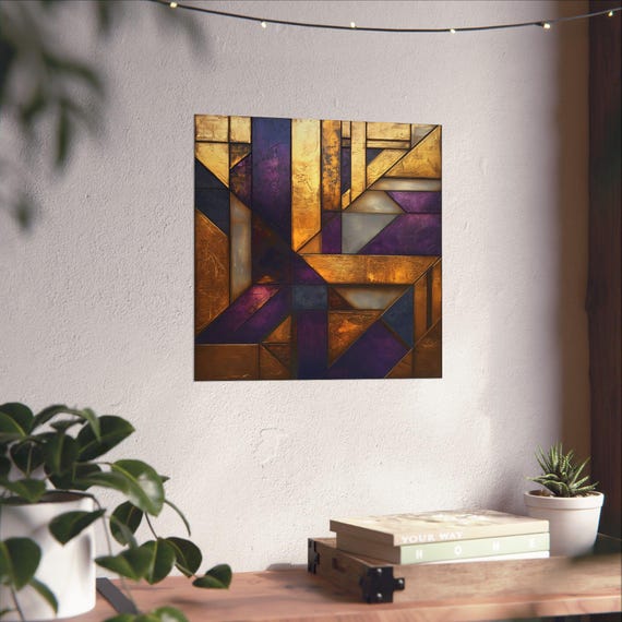 Art Deco 1920s Sleek Purple And Gold Poster Print Bold Statement Vibrant Metallic Look Geometric Colorful Shapes Zig Zags Rustic Art
