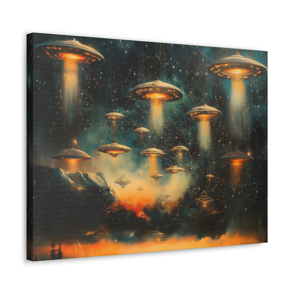 Bright Armada of Glowing UFOs Over Starry Mountain Night Sky Print
