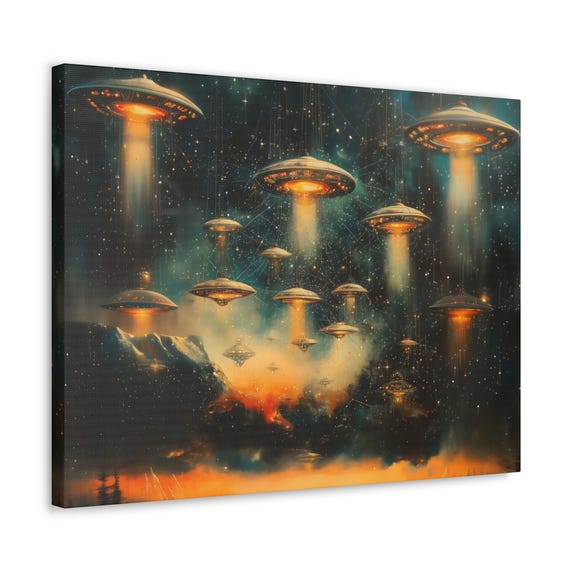 Psychedelic Ufo Swarm Print Weird Ufo Landscape Modern Painting Fantasy Nature Rustic Wall Print Airbnb Art Wall Decor