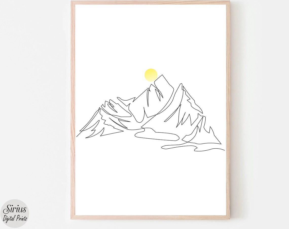 Minimalist Mountain Outline With Yellow Sun Continuous Line Art Poster