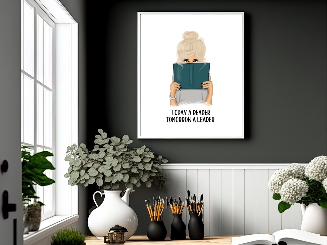 Today a Reader Tomorrow a Leader Blonde Book Girl Reading Print - Image 4