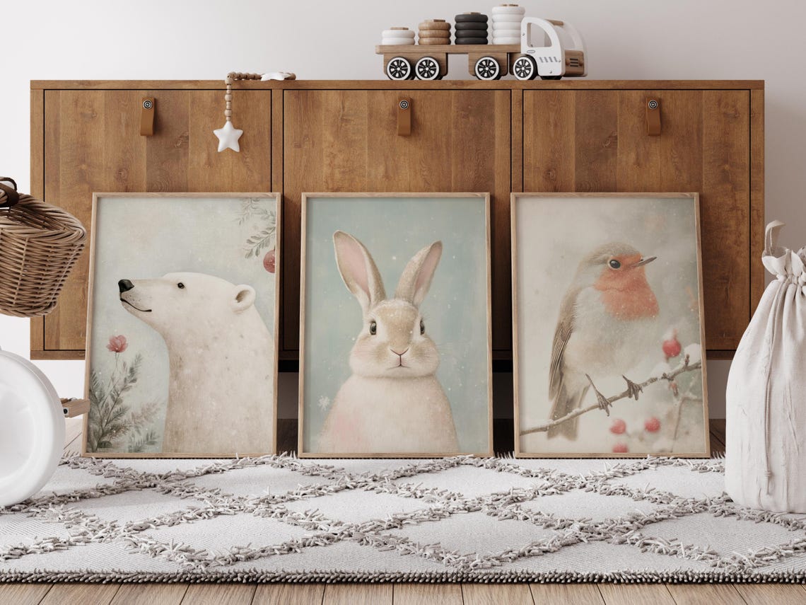 White Bunny Portrait Winter Animal Poster for Sweet Nursery Decor - Image 2