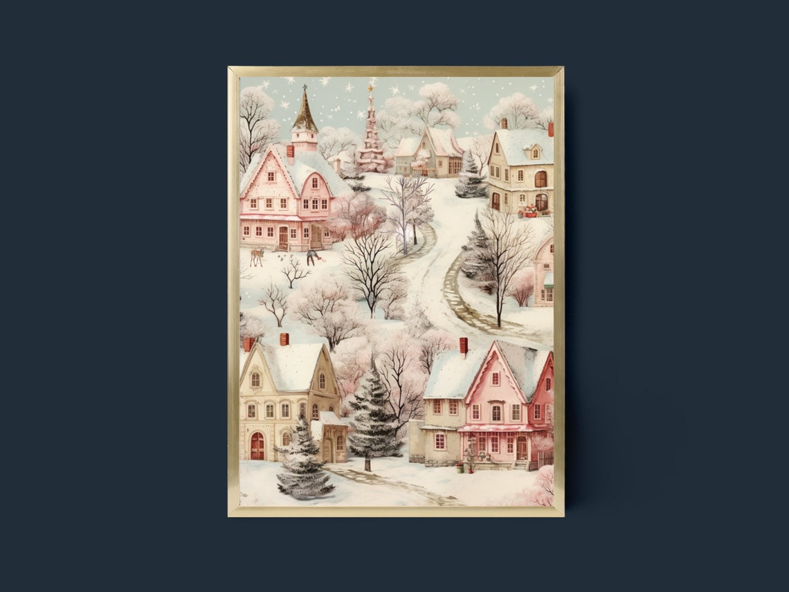 Christmas Village Art Print Winter Wonderland Wall Art Vintage Christmas Scene Old Fashioned Christmas Town Winter Village Holiday Decor - Image 3