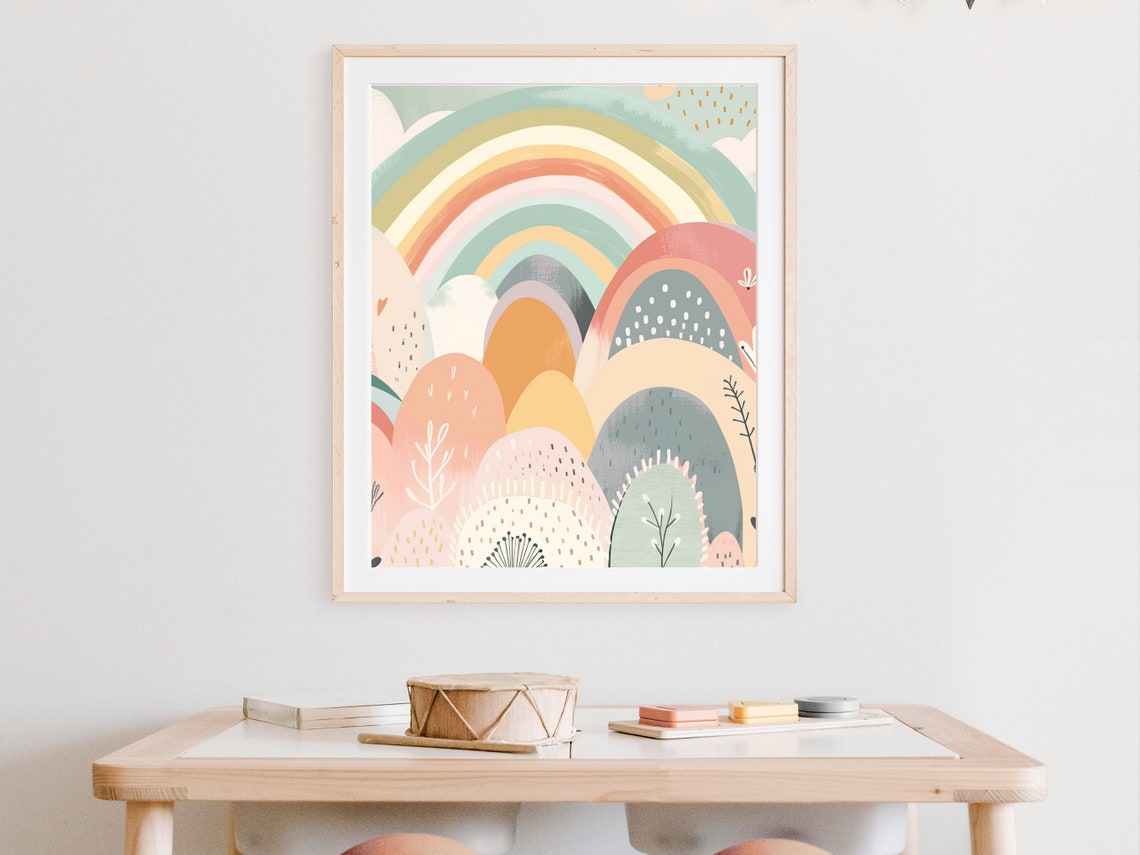 Pastel Rainbow Over Rolling Hills Modern Abstract Nursery Art Poster - Image 4