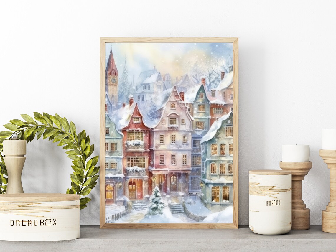 Snowy Old Town Watercolor Cityscape Winter Holiday Decor Poster - Image 3