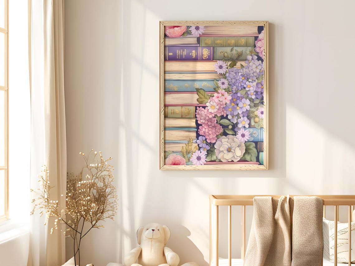 Stack of Vintage Books Floral Poster Book Lover Reading Room Decor