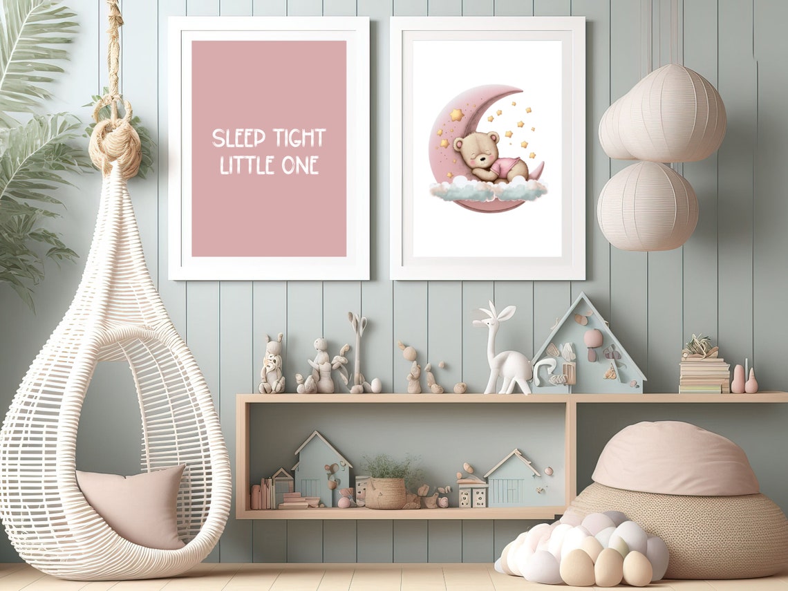 Sweet Sleeping Teddy Bear On Pink Moon Stars Girls Nursery Poster - Image 2