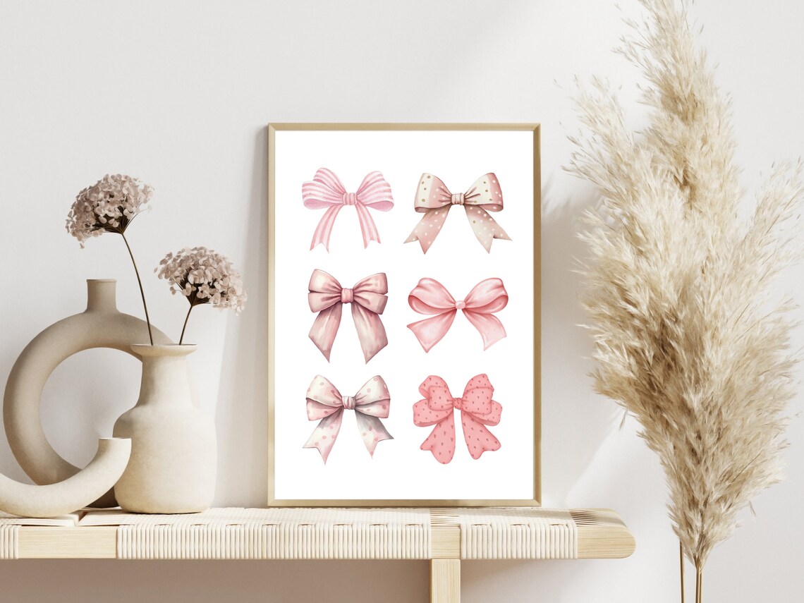 Pink Watercolor Bows Set of Six Girls Nursery Room Wall Poster - Image 3