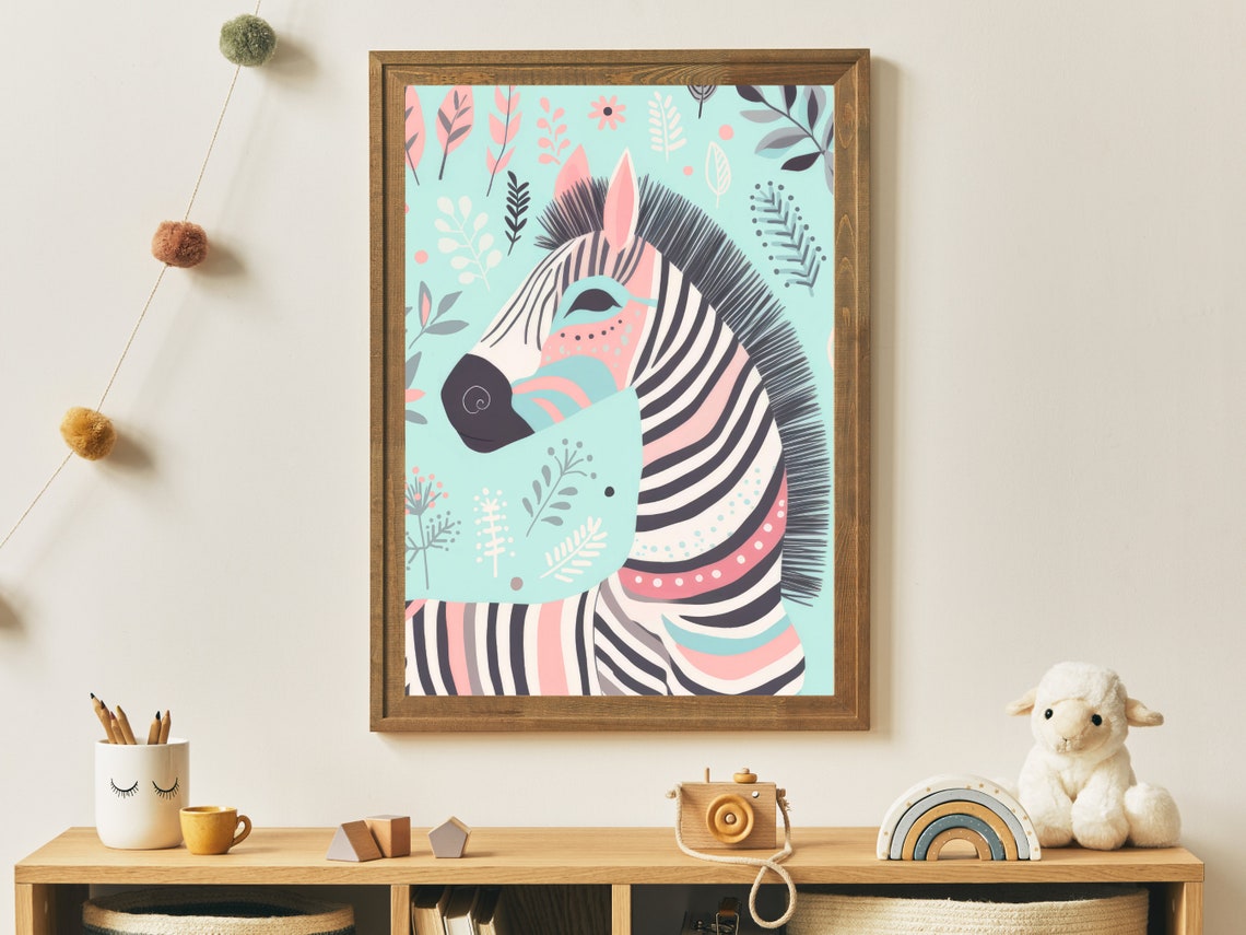 Boho Zebra Portrait Pastel Tropical Nursery Animal Art Poster - Image 2