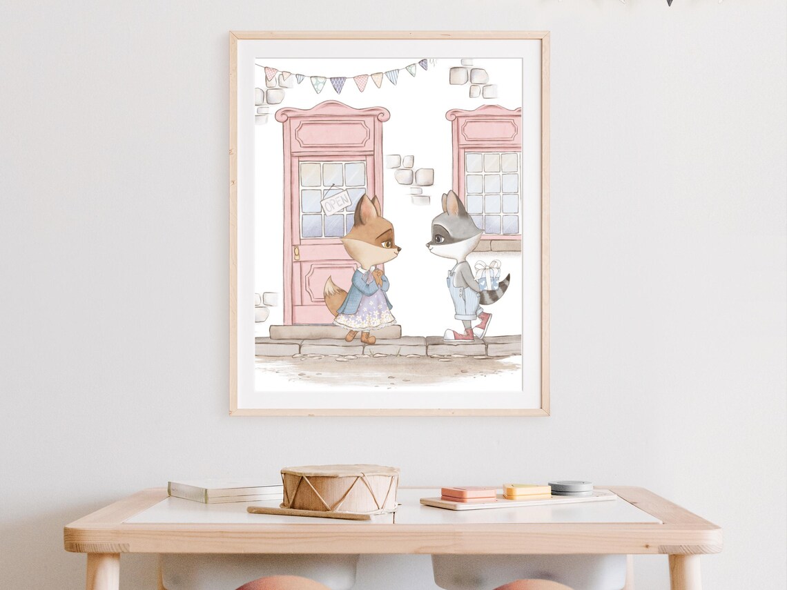 Fun Girls Room Wall Art Watercolour Animal Art Cute Girls Nursery Decor Village Scene Illustration First Love Print - Image 4