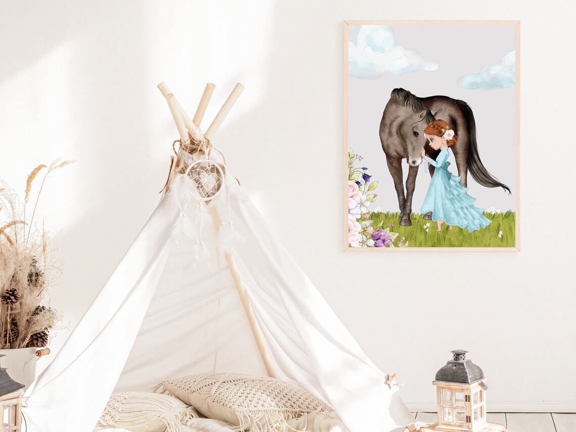 Red Hair Girl In Blue Dress Nuzzling Horse Watercolor Nursery Poster - Image 2