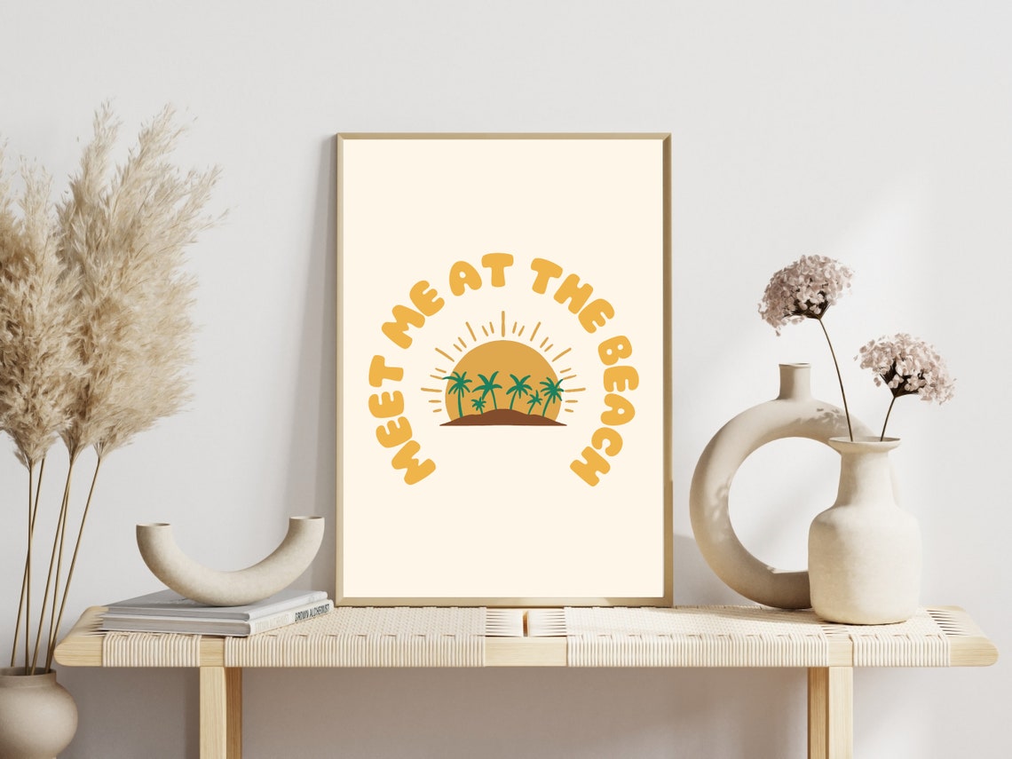 Meet Me At The Beach Retro Sun Palm Text Boho Coastal Decor Poster