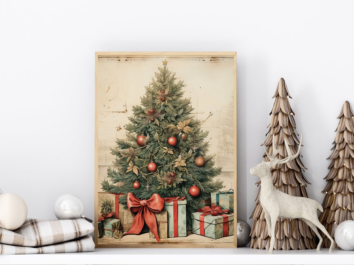 Vintage Christmas Tree with Red Bow and Wrapped Gifts Poster - Image 4