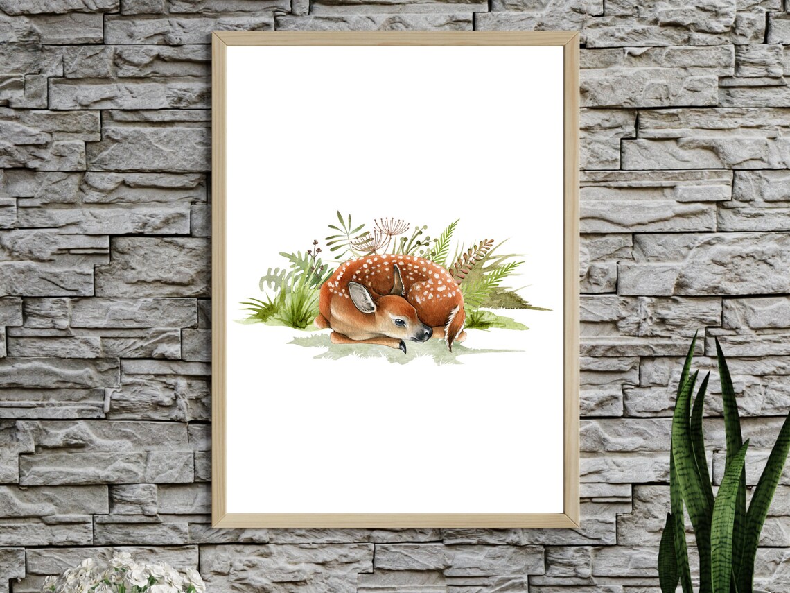 Sleeping Baby Deer Fawn Watercolor Woodland Nursery Art Print - Image 2