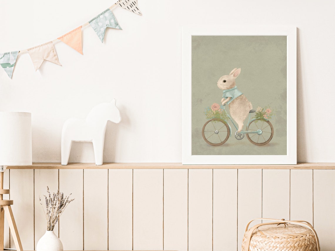 Vintage Bunny Rabbit Riding Bicycle With Flower Baskets Poster - Image 3