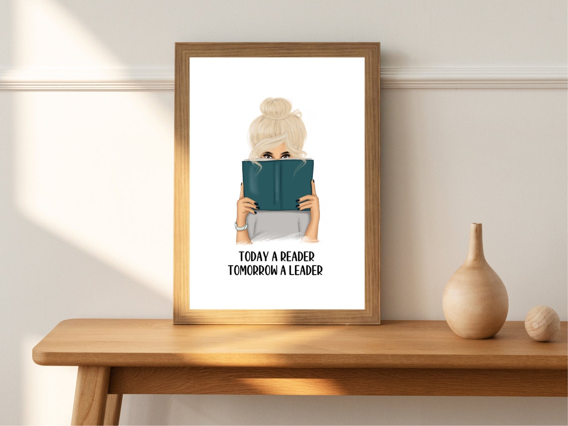 Today a Reader Tomorrow a Leader Blonde Book Girl Reading Print - Image 2