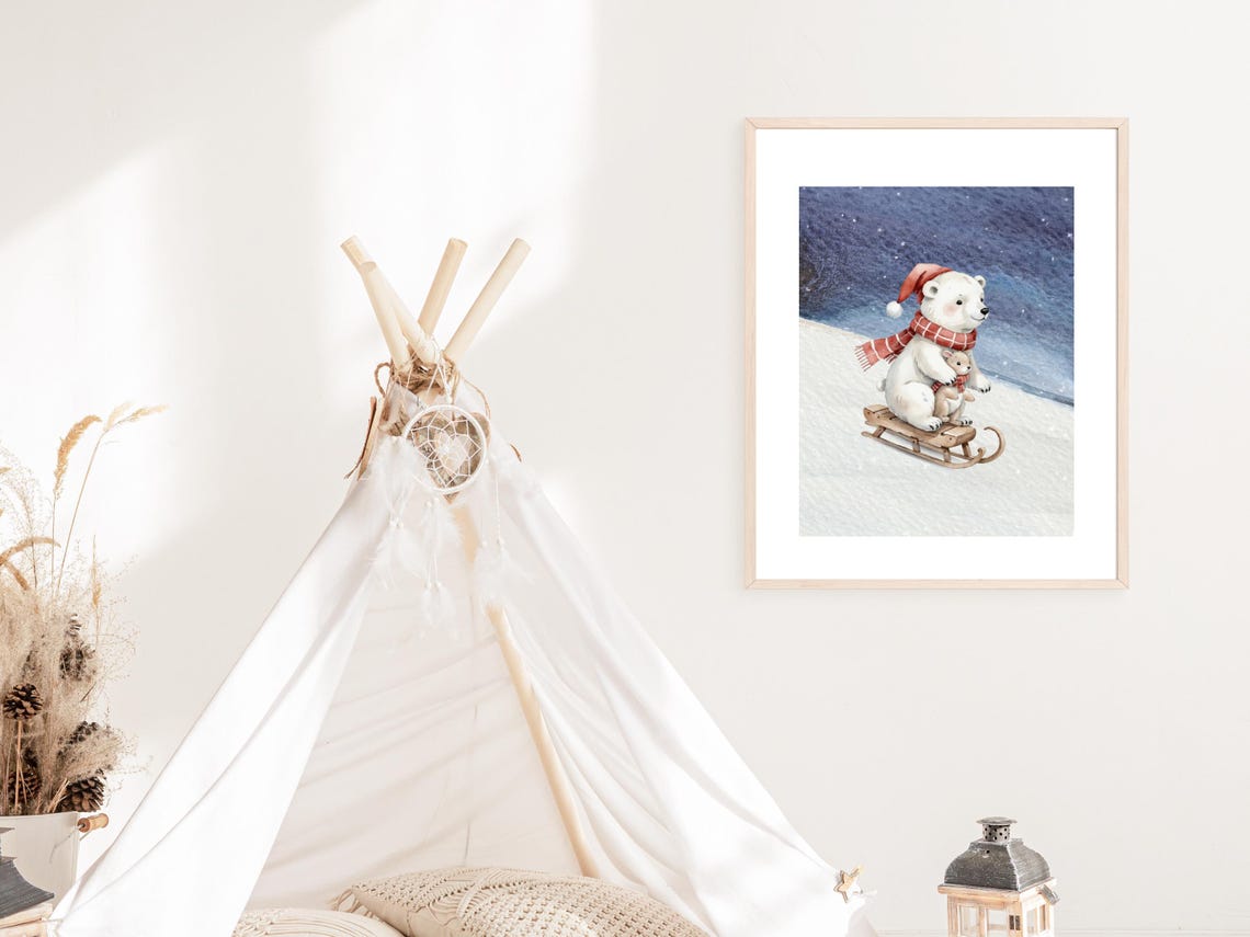 Polar Bear Sledding Winter Night Poster Cute Christmas Nursery Decor - Image 4