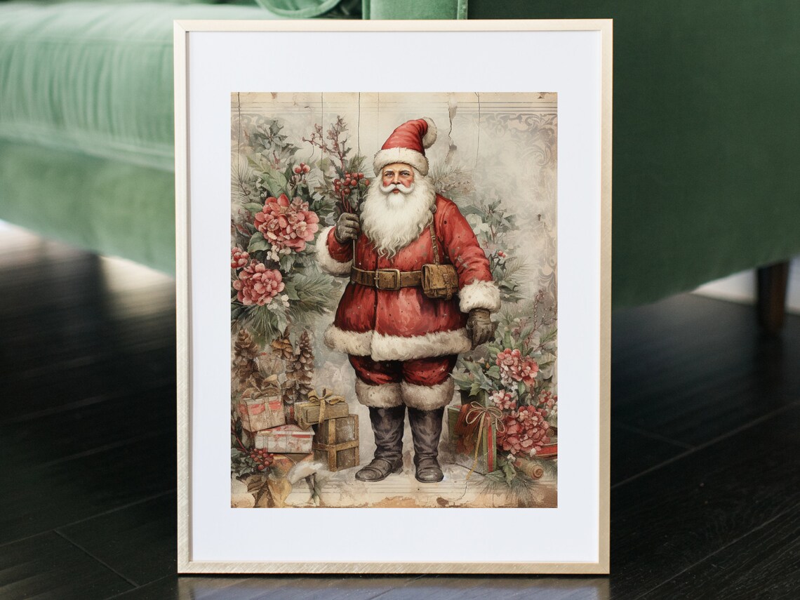 Vintage Santa Claus with Gifts and Poinsettias Christmas Poster - Image 2