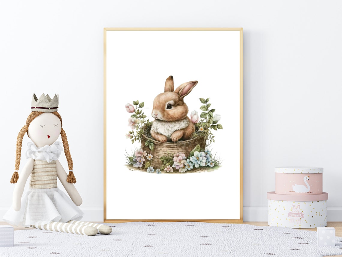 Watercolour Bunny in a Flower Basket Pastel Nursery Easter Poster - Image 3