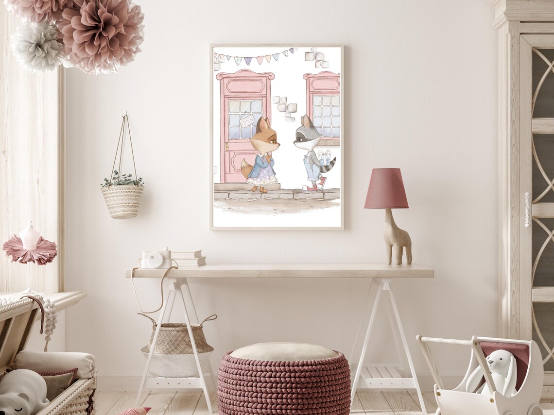 Fox And Raccoon Friends Village Street Watercolor Kids Room Art Poster - Image 3