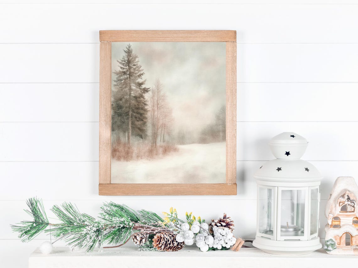Misty Snowy Winter Pine Forest Watercolor Nature Room Decor Poster - Image 2