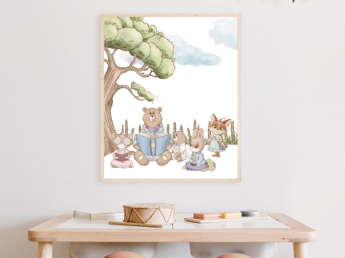 Story Time Under The Old Oak Tree Woodland Animal Art For Girls Room Forest Friends Nursery Art Storytelling Kids Room Print - Image 4