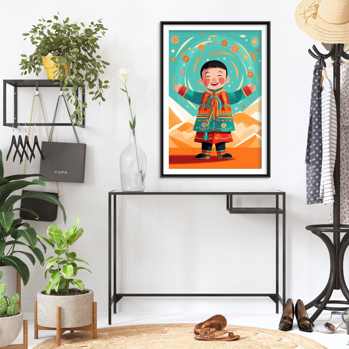 Smiling Mongolian Boy Traditional Costume Mountain Kids Art Print - Image 2