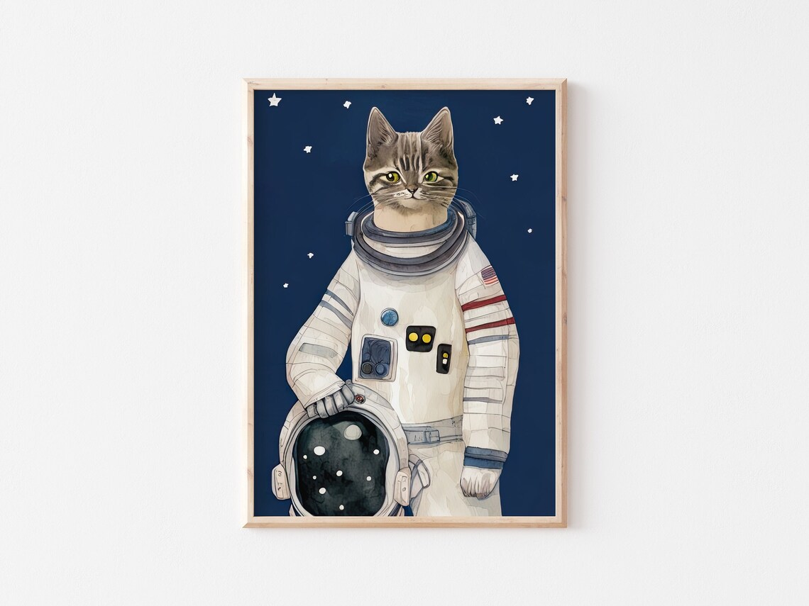 Space Cat Watercolor Cat Art, Funny Cat Lover Gift