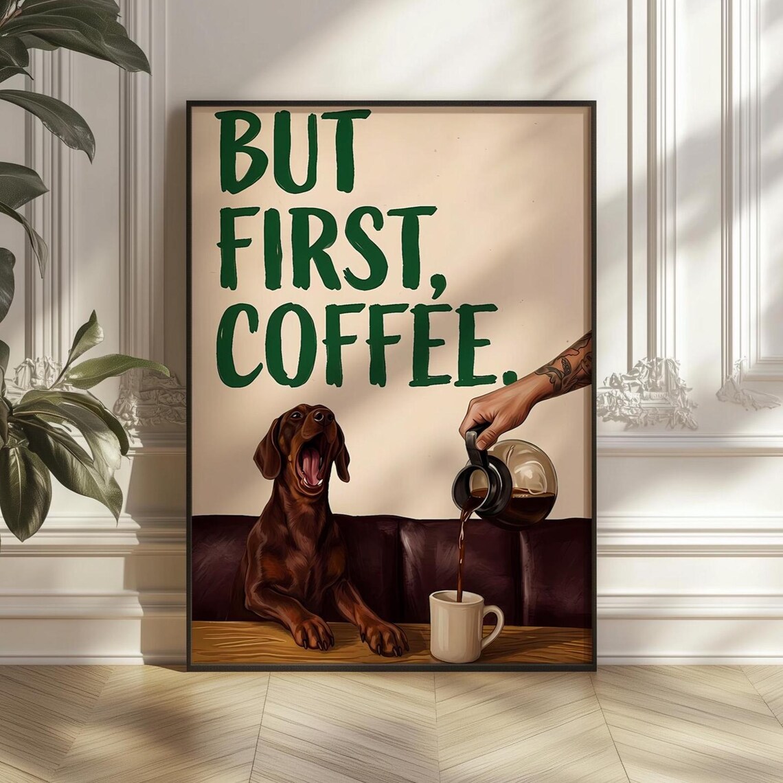 But First Coffee Funny Dachshund Dog Retro Kitchen Morning Quote Poster